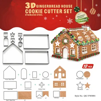 10pcs 3D Gingerbread house Nerūsējošā Tērauda Ziemassvētku Scenārijs Sīkdatni Griezēji Uzstādīt Cepumu Pelējuma Pomādes Kuteris Cepšanas Rīku