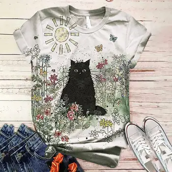 2022 Jaunu Harajuku T Krekls Sievietēm 3D Karikatūra Kaķis Drukāt Īsām Piedurknēm Top O veida Kakla T Krekls Camisetas Mujer