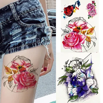 3D Ģeometriskā Akvarelis Rose Puķu Pagaidu Tetovējumu Uzlīmes Peonija Saturna Body Art Sexy Flash Tetovējumiem Viltus Vasaras Stila Tetovējums