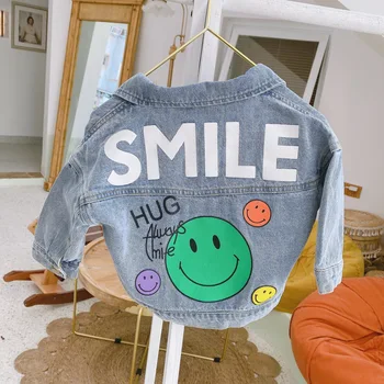 Bērnu smaidošas sejas, džinsa jaka ir 2021. pavasara karikatūra izdrukāt garām piedurknēm ikdienas jaka zēniem un meitenēm