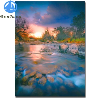 DIY 5D Dimanta Krāsošana saulrieta Ezers, Koki, dabas ainavas, Pilna Urbt Rhinestones Krāsot ar Dimantu Kristāla Dimants mozaīkas