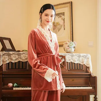 Elegants Samta pidžamas komplekts Sievietēm ir Trīs gabals uzvalku, mājas drēbes, pavasarī, ziemā guļ pidžamā miega bikses Phoentin FG291