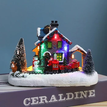 Gaismas Ainavas Sniega Sveķu Figūriņas, Radošās Krāsu LED Gaismas Kvēlojošs Namā Ziemassvētku Mazu Vilcienu Ciema Māja