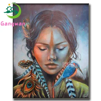 Indijas meitene domā par klusums 5d diy dimanta krāsošana mozaīkas kingfisher spalvu priekšstatu par rhinestones Mājas Apdare DĀVANU