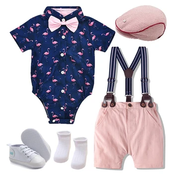 Modes Īsām piedurknēm Baby Romper komplektu ar Cepuri, Bikses, Kurpes, 5 gab Bērniem, Apģērbs Vasaras Flamingo Iespiestas Bērnu Zēnu Drēbes