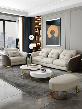 Pielāgota postmodernisma gaismas luksusa ādas dīvāns taisnā rindā, trīs-sēdeklis kombinācija vienkārši luksusa nelielās daudzdzīvokļu dzīvojamā istaba le