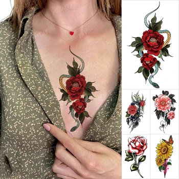 Sexy Ziedu Čūska Akvarelis Pagaidu Tetovējumu Uzlīmes Sieviešu Krūtīm Rokas Scorpion, Roze, Peonija Flash Tatto Body Art Mazs Tetovējums, Kas Vīriešiem