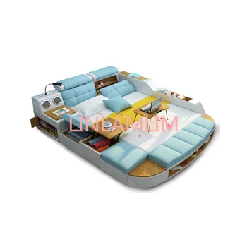 Smart gultas rāmi camas guļamistaba кровать двуспальная lit gultas auduma īstas ādas skaļrunis Bluetooth LED gaismas USB radošo gulta