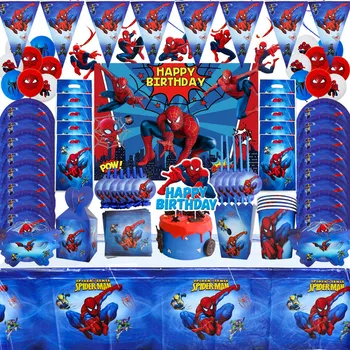 Spiderman Tēmu Puse Inventārs Vienreizējās Lietošanas Galda Piederumu Komplekts Cup Plate Autiņu Salmu Baloni Daudz Laimes Dzimšanas Dienā Bērni Mīļākie Apdare