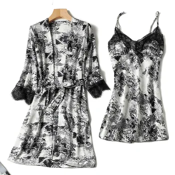 Vasarā Pilna Slīdēšanas Tērpu Komplekts Sievietēm Satīna 2GAB Sleepwear Mežģīnes Apdari Kimono Kleita Femme Nighty&Drēbes, Uzstādīt Zīdaini Gulēt Set Home (sākuma Valkā