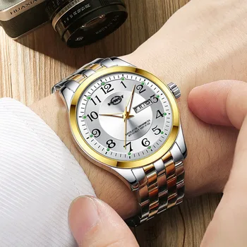 Vīriešu Skatīties rokassprādze no Nerūsējošā Tērauda Modes Gaismas Kvarca Skatīties Cilvēkam Dual Kalendārs Vīriešu Pulkstenis reloj hombre Pulkstenis