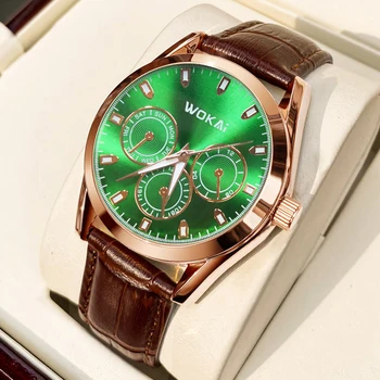 WOKAI augstas kvalitātes gadījuma modes klasisko zaļo vīriešu ādas josta kvarca skatīties vīriešu biznesa sporta pulkstenis vienkāršs retro