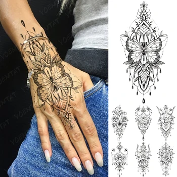 Ūdensnecaurlaidīgus Pagaidu Tetovējumu Uzlīmes Tauriņš Lotus Mežģīnes Henna Ziedu Flash Tatto Sievietēm, Vīriešiem, Rokām Krāsotas Body Art Viltus Tetovējumiem