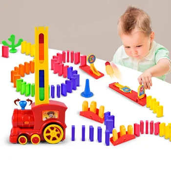 Domino Train set Kaķene komplekts Puzzle Izglītības 120/60PCS Plastmasas Domino Bloki, Ķieģeļu DIY skaņas, gaismas Rotaļu dāvanu zēns meitene