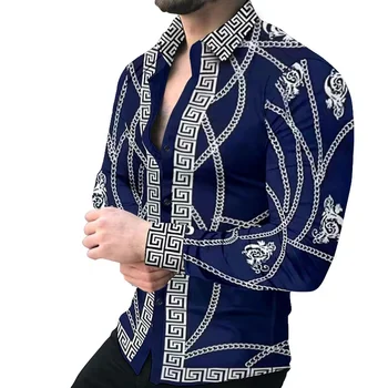 Pavasara New Augstas Kvalitātes Vīriešu Modes Lielgabarīta Ikdienas Krekls Drukas garām Piedurknēm Vīriešu Zilās Blūzes